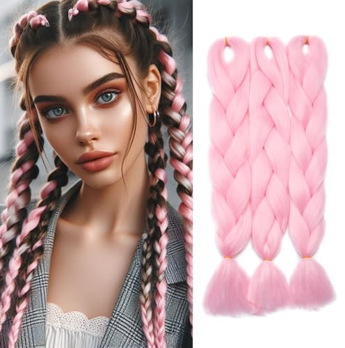 Silk-co Braids Extensions 60cm Kunsthaar zum Einflechten, 3 Stücke Braids Haare, Crochet Hair Für Jumbo Braids Box Braid Twist Zopf Haarverlängerung Rosa