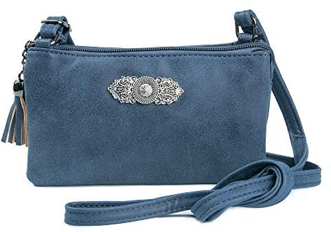 Trachten: Tasche in Leder-Optik mit Ornamentbrosche, Trachtencluch, Oktoberfest Tasche zum Dirndl (blau)