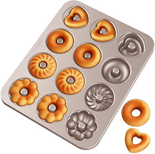 CHEFMADE Donut Mold Cake Pan, 12 Cavity Fluted Flower Cake Tin Pan Heavy Duty Steel Non-stick Flower Heart Shaped Bund Pans Pattern Doughnut Bakeware for Oven Baking (Champagne Gold)