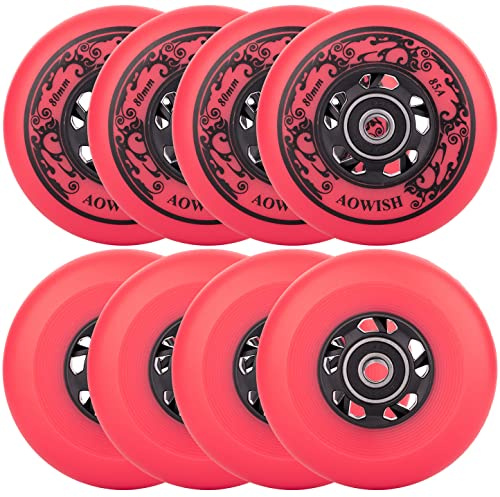 AOWISH 8-Pack Asphalt Outdoor Inline Hockey Wheels 85A Blades Roller Skates Replacement Wheel with Speed Bearings ABEC-9 and Spacers (Red, 80mm)