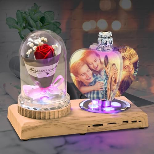 Angry Egg Boy Personalisiertes Bluetooth Musiklicht LED Album Kundenspezifisches Foto Nachtlicht 3D Herzförmiger Kristall Bilderrahmen Jubiläum (Rote Rose)