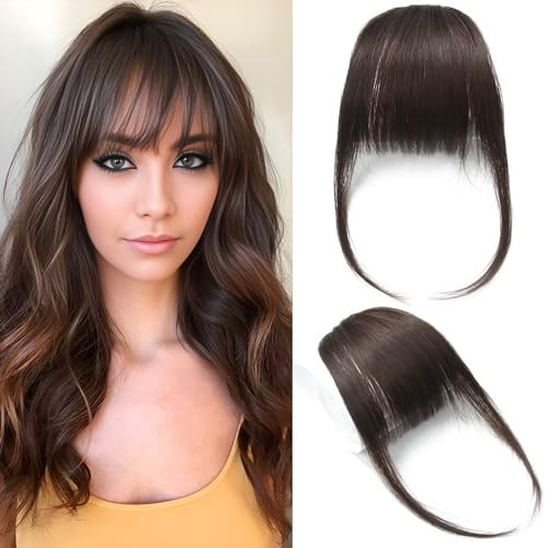 Dsoar Clip In Fringe Echthaar Pony Fransen Haarspange Pony Echt Haarverlängerungen Flacher Pony mit Schläfen, Dunkelbraune Farbe
