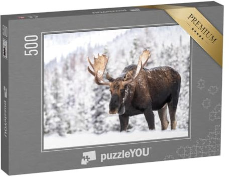puzzleYOU: Puzzle 500 Teile „Elch im Schnee in Jasper, Kanada“ – aus der Puzzle-Kollektion Elche, Tiere des Nordens, Tiere in Wald & Gebirge