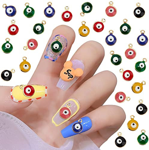 NICENEEDED 28Pcs Evil Eye Nail Charms, Lucky Blue Turkish Nail Pendants With Hook, Alloy Evil Eye Connector Beads for Nail Decoration DIY Bracelet Necklace Supplies(7 Assorted Colors)