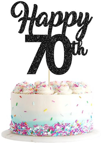 Tortenaufsatz Happy 70th Birthday, mit Glitzer, Zahl 70, 70 Jahre, Schwarz