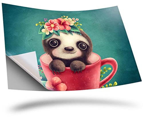 1 x Vinyl Sticker A2 Rectangle Shape 42x60cm - Teacup Sloth Cartoon Sloths Cute Animal Art Print Decal Laptop Tablet Luggage Car Wall Fridge Door Sticker #46346