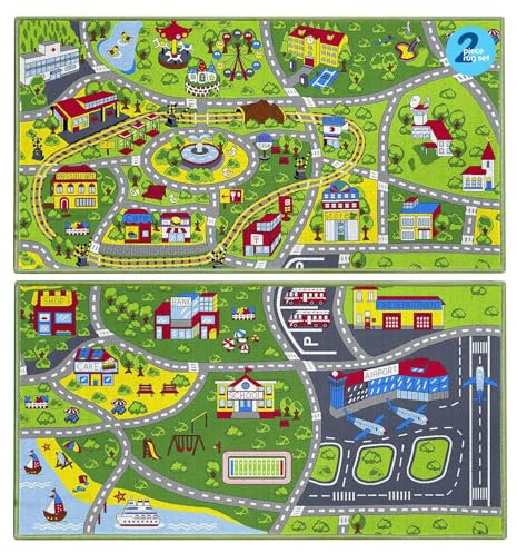 Booooom Jackson Pack 2 Straßenteppich,Zug Teppich,Spielteppich Straße Autoteppich Kinder,Auto Spielteppich,Straßen Teppich