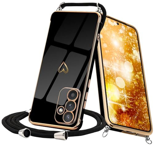 Keteen Handyband Hülle für Samsung Galaxy A34 5G Handyhülle mit Band Cute Herz Muster Galvanisierte Slim Silikon mit Abnehmbar Kordel Stossfest Cover Necklace Handyhülle für Samsung A34 5G, Schwarz