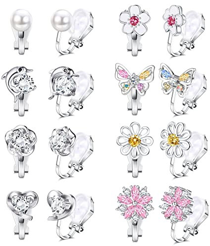 MILACOLATO 8 Paar Ohrclips Damen Mädchen Clip Ohrringe Für Damen Clip On Ohrringe Frauen Nicht Durchbohrte Rosenblume CZ Perle Hypoallergene Kinder Ohrringe Schmuck