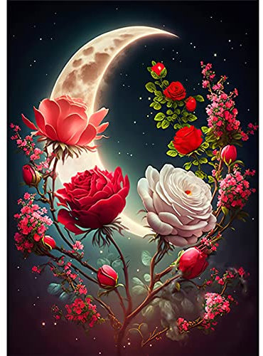 QENSPE 5D Diamond Painting Mond Diamant Painting Bilder Rosen Diamond Art Erwachsene Full DIY Diamant Kunst Malerei Stickerei Set Kreuzstich Bilder Home Wand Dekor 30x40cm / 12x16 inch