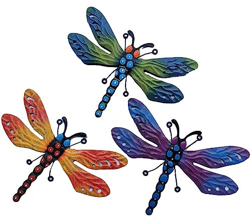 Metal Dragonfly Wall Decor 3 Pack 21x30cm Garden Outdoor Metal Wall Art for Patio, Hanging Decorations Sculpture for Living Room Bedroom Bathroom Kitchen Fence Decor