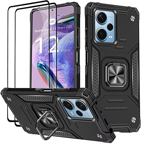 KANSi Funda para Xiaomi Redmi Note 12 Pro Plus/Redmi Note 12 Pro+, Cristal Vidrio Templado [2 Piezas] Capa Anillo iman Soporte Hard PC y Silicona TPU Antigolpes Armor Carcasa - Negro