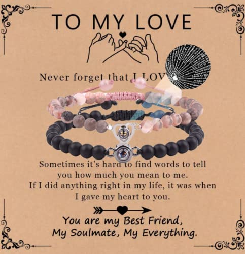 I Love You Couples Bracelets 100 Languages Projection Healing Crystal Bracelets Black Agate White Turquoise Matching Bracelets for Boyfriend, Girlfriend, My Love, Anniversary Couples Jewelry Birthday Valentine's Day Chritmas Gifts