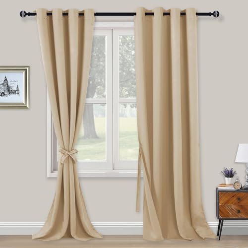 XWZO Blickdichte Vorhänge Verdunklungsvorhänge mit Ösen 2 Stücke Gardienen mit Raffhalter Lichtundurchlässige Vorhänge für Schlafzimmer,WonhzimmerBüro, 245x140 cm, Beige