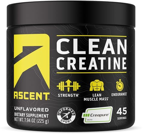 Ascent Clean Creatine Monohydrate, Creapure, Unflavored, 45 Servings