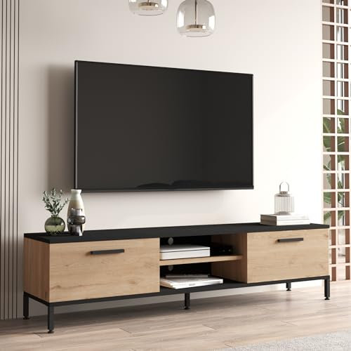 Meuble TV à 2 Portes Meuble de Rangement Design pour Salon avec 2 Espaces de Stockage 2 Passages de Câble Panneau de Particules Métal 39 x 160 x 35 cm Effet Chêne Noir