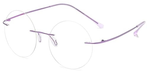 MAGIMODAC Runde Lesebrille Damen Herren Randlos Blaulichtfilter Brille Titan Computerbrille lesehilfe Sehhilfe mit Sehstärke Lila 1.50