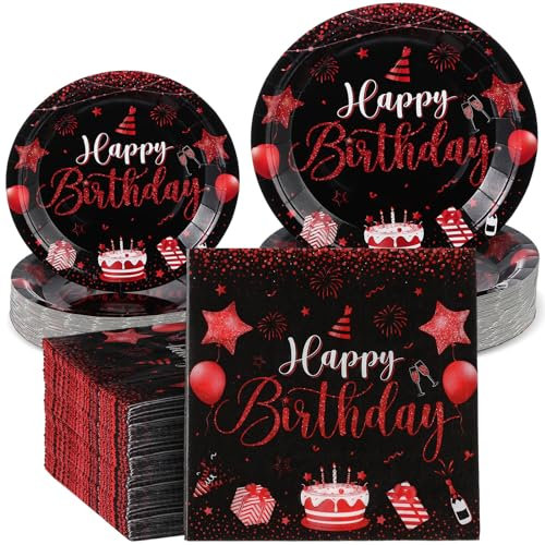 SiliFine 120 Pcs Happy Birthday Party Supplies Tableware Set Disposable Happy Birthday Plates and Napkins for Guests Man Woman 50th 70th 80th Birthday Party Decorations (Black Red)