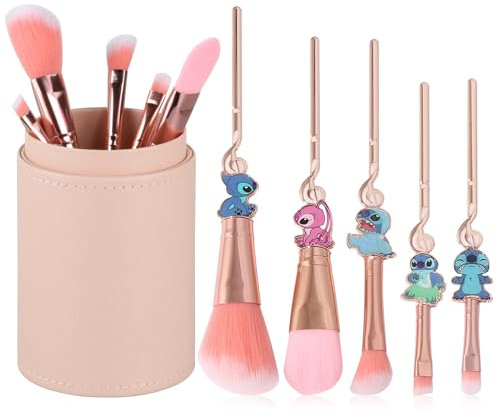 Lot de 5 pinceaux de maquillage interstellaires avec support de pinceaux, cadeaux pour filles et femmes (rose)