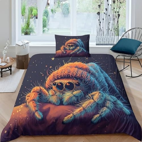 BLISSCOZY Spinnen Bettbezug-Sets,3D Bettwäsche,Kissenbezug,kinderbettwäsche Jungen 3 Teilig Bettbezüge Mikrofaser Single（135x200cm）
