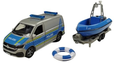 Kids Globe VW Transporter Polizei mit Boot DE Die Cast Pull Back 29cm, Spielzeug für Kinder, 520360, Blau