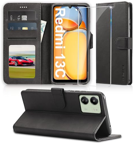 Handyhülle für Xiaomi Redmi 13C Hülle mit Schutzfolie, Klappbar PU Leder für Redmi 13C Handytasche Case, mit [Kartenfach] [Standfunktion] Wallet Klapphülle Schutzhülle für Xiaomi Redmi 13C (Schwarz)