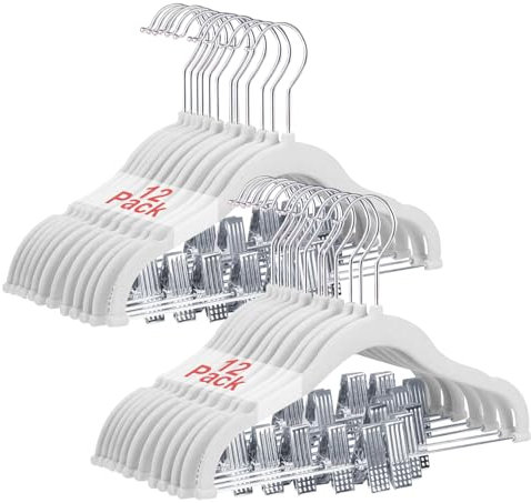 Wellong Perchas de ropa de bebé con clips, paquete de 24 perchas de terciopelo para niños, perchas resistentes para niños, organizador de almacenamiento para camisas, pantalones, faldas, vestidos