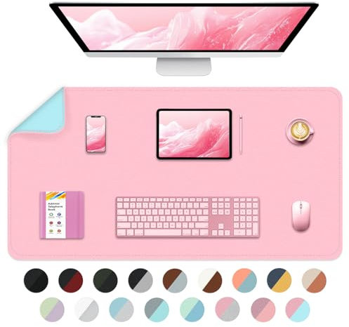 Dual-Sided Desk Mat Office Desk Pad, Waterproof Desk Pad Table Protector, Large Mouse Pad for Keyboard and Mouse, Laptop Desk Writing Mat for Office/Home/Decor-90x43cm,Light Pink+Light Blue