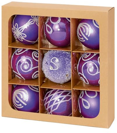 Palline di Natale infrangibili per albero di Natale, confezione da 9 pezzi, 60 mm, glitterate, opache e lucide (viola 6198)