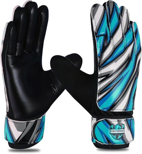 FIGHTSENSE Torwarthandschuhe für Kinder Jugend Jungen,Fußballhandschuhe,Latex Handfläche,Atmungsaktiv,Starker Grip,Doppelter Handgelenkschutz (Blau, Größe 5 Geeignet für 9-12 Jahre)