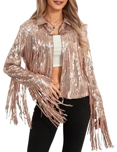 XIXIMAON Femme Blazer Veste à Paillettes Brillante Blouson Manteau à Sequins Haut Tops Chic pour Disco Soirée Fête Clubwear (Rose Gold Frange, L)