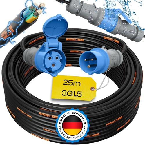 maxgo Camping Stromkabel 25m Wohnwagen Kabel Wohnmobil CEE Stecker TITANEX Verlängerungskabel 3 Polig 3x1,5 Campingkabel 25 Meter Strom Verlängerung H07RN-F Outdoor Mennekes