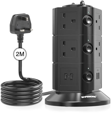 Tower Extension Lead with 4 USB Slots (2 USB C & 2 USB A), SAFEMORE Power Extension Tower with 10 Outlets, Power Strip Surge Protected Multi Plug with 2M Extension Cord, 3250W/13A for Home/Office