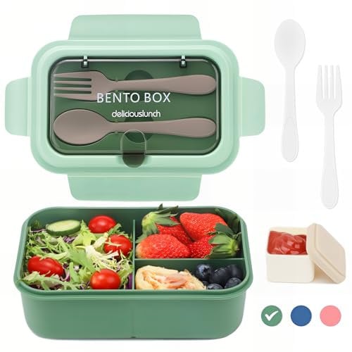 Bugucat Bento Lunch Box 1200ML, Kids Lunchbox with 3 Compartments and Cutlery,Leak-Proof Snack Boxes for Adult, Bento Boxes for School Kindergarten Office, Microwave Dishwasher Safe, Green
