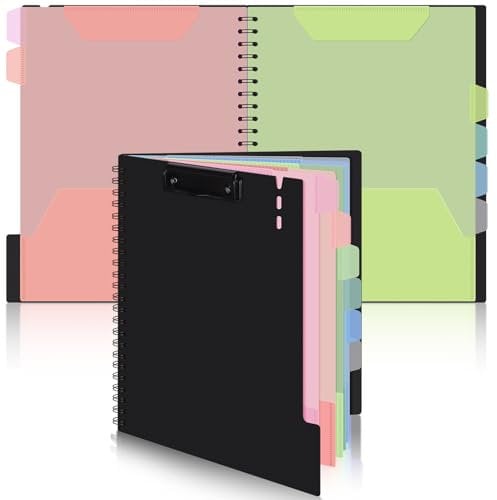 Uquelic Porte Documents A4 - Lot de 2 Planchettes à Pince Folio, Chemise à spirale avec 6 intercalaires de couleur 12 poches, Rangement de dossiers de projets pour bureau (Couleur Macaron, A4)