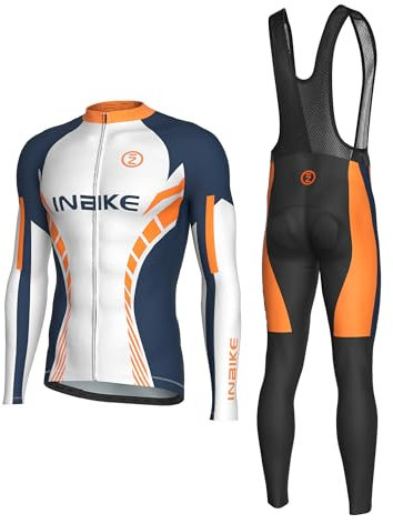 INBIKE Radtrikot Herren Langarm Set mit Sitzpolster Fahrradtrikot Fahrradhose Trägerhose Gepolstert Atmungsaktiv Schnell Trocknend für Radfahren Rennrad MTB Outdoor M