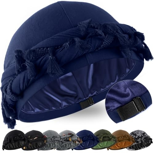 Babalet Halo Turban Satin-gefütterter Durag mit Zopf für Herren | Satin-gefütterter Halo-Turban mit Vorgebundenem Zopf Vielseitig als Schlafhaube, Chemo-Hut, Sportband oder für Herren & Damen