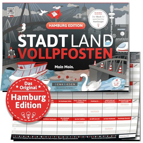 DENKRIESEN - Stadt Land VOLLPFOSTEN® - Hamburg Edition | DIN A4 Spielblock | Ab 9 Jahren | Familienspiel | Stadt Land Fluss | Hamburg Edition | Lustiges Gesellschaftsspiel | Kreative Kategorien