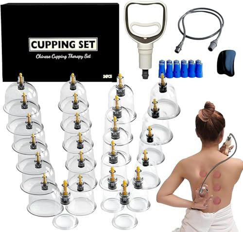 24 Stk Schröpfgläser mit Vakuumpumpe, Cupping Set mit Akupressurpunkt-Magneten, Schröpfset für Schröpfen & Cupping Therapie (24 Tassen)