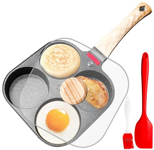 Asfrode Poêle à œufs au plat, avec couvercle, poêle à pancake, 4 trous, en aluminium, antiadhésive, pour cuisinière à induction et cuisinière à gaz, poêle à petit-déjeuner pour omelettes, boulettes de