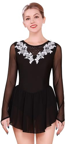 FYMNSI Damen Tanzkleid Eiskunstlauf Kleid Langarm Rollkunstlauf Tanzanzug mit Strass Blumen Chiffon Rock Turnanzug