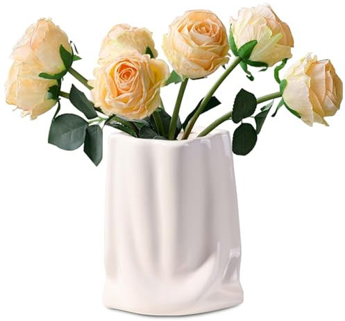 Keramik Vase Weiß 17.5 cm Hoch – Moderne Blumenvase für Pampasgras, Tulpenvase, Kleine Vasen mit elegantem Design – Tischdeko Esstisch, Deko für Wohnzimmer, Schlafzimmer, Küche und Bürotisch