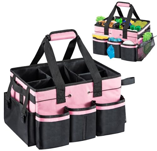 M.J COMFY-LIFE Cleaning Caddy Organizer with Handle, Large Multi-Compartment Cleaning Tote Bag with Removable Dividers, Adjustable Shoulder Strap & Waist Belt for Cleaning Supplies (PINK)