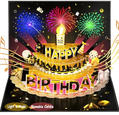 Bevbovcard Pop Up Birthday Cards for Men - LED Light & Music with Blow The Candle, 3D Balloons, Singing Happy Birthday gifts Card for Husband - Women, Kids, Son, Her, & Dad