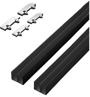 Rail de porte coulissante en verre de 5 mm – Kit de quincaillerie pour porte coulissante noire avec roulettes pour bibliothèque et vitrine