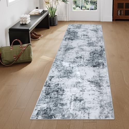 Homcomodar Hallway Runner Non Slip 65x240cm Abstract Grey Hall Runner Washable Carpet Runners for Entryway Kitchen Bedroom Launtry Besides