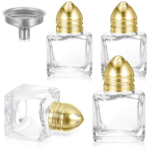 Lnngub 4 Pcs Mini Salt and Pepper Shakers,0.5 oz Mini Salt Shaker Gold Salts and Pepper Shakers Bulk with Funnel Cube Shape Small Salts Shaker for Kitchen Restaurant Travel Camp Party
