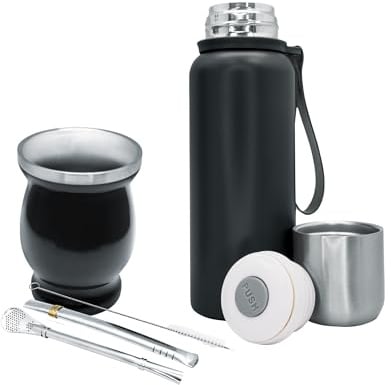 NERTHUS FIH 1594 - Kit de Mate con Vaso de Doble Pared de Acero Inoxidable de 250 ml + Dos Bombillas Pipas para Mate con cepillo limpiador + Termo Acero Inóxidable 500ML