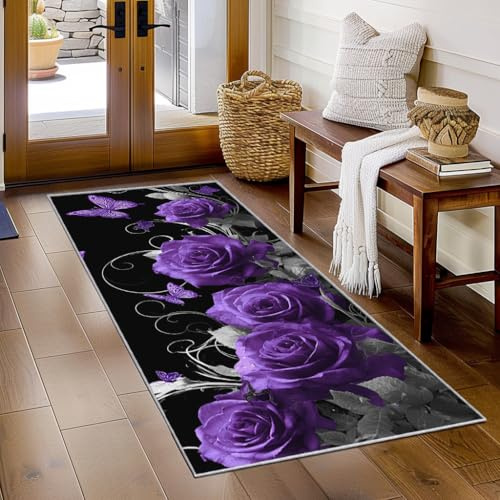 Generisch Läufer Flur Lila Rose, Waschbarer Teppich Läufer Blumen 60x200, Küchenteppich, Eingangsbereich, Bettvorleger, Schlafzimmer Deko, rutschfest, Kurzflor j2976