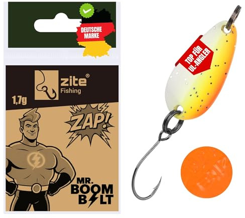 Zite Fishing The Troutforce Spoon ZAP! | Forellen-Spoon 1,7 g | UV-aktive UL Forellenköder | Scharfer Einzelhaken Größe 8 | Superhelden-Dekore im Mix | Ideal für Forellensee